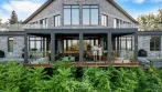 Couple debout sous une pergola de 16 x 32 pi au-dessus d’une terrasse avec garde-corps en verre