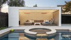 Front view of a 12' x 23' white pergola by the pool at dusk with the LED lights on and the spa in the foreground