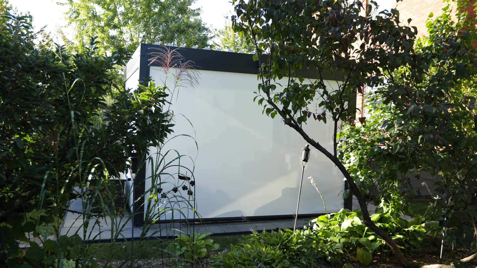 Grey louvered pergola with a white ZIP screen lowered for privacy, seen from the garden through trees and shrubs